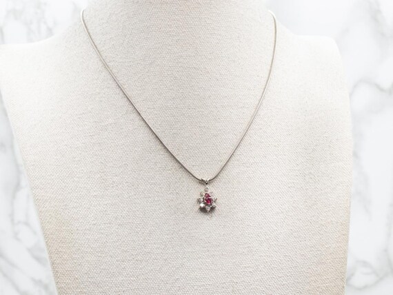 14K White Gold Ruby and Diamond Halo Pendant - image 4