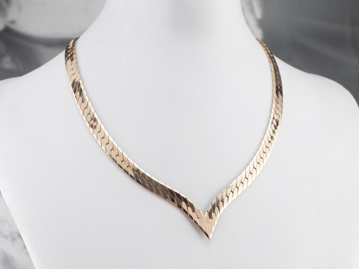 14K Gold Herringbone Chain V Necklace Pointed Chain Flat Chain 16 Inch Chain TULJFRVE Etsy