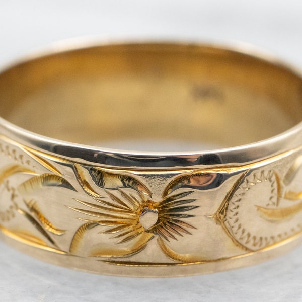 Vintage Etched Yellow Gold Band, Botanical Pattern Band, Unisex Pattern Band, Stacking Band, Floral Band, Wide Gold Band A37308