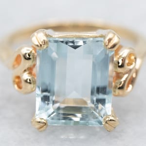 Yellow Gold Aquamarine Ring, Emerald Cut Aquamarine, Aquamarine Solitaire Ring, Blue Stone Ring, March Birthstone Ring, Birthday Gift A19273