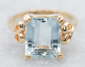 Yellow Gold Aquamarine Ring, Emerald Cut Aquamarine, Aquamarine Solitaire Ring, Blue Stone Ring, March Birthstone Ring, Birthday Gift A19273