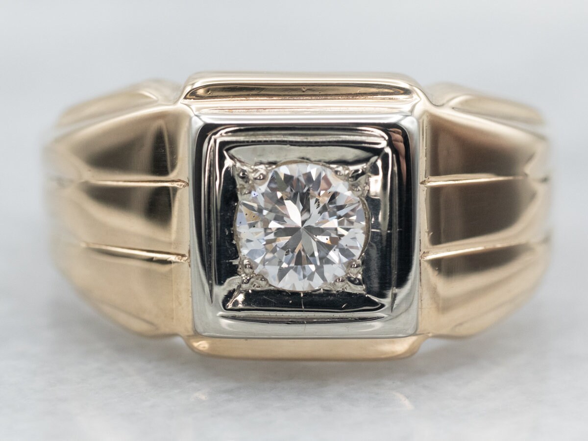 Two Tone Unisex Diamond Ring, Yellow and White Gold Ring