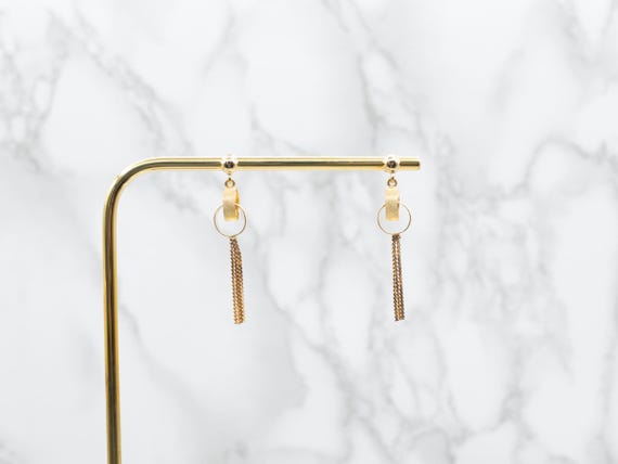 18K Yellow Gold Ball Stud Tassel Earrings, Dangle… - image 4