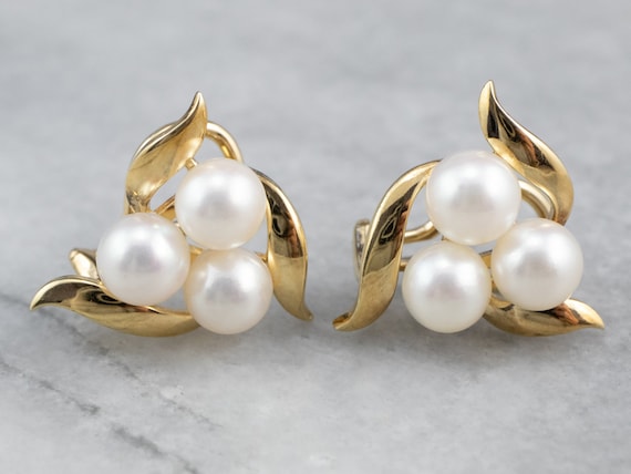 Cultured Pearl Cluster Earrings, Yellow Gold Pear… - image 1