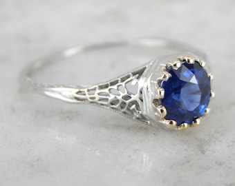 Art Deco Sapphire Engagement Ring, Vintage Sapphire White Gold Filigree Ring, Anniversary Ring, September Birthstone, KDTYCH