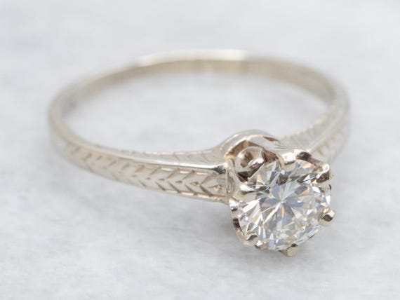 Antique 14K White Gold Diamond Ring, Wheat Engrav… - image 1