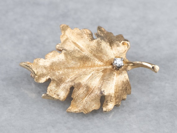 Diamond Gold Leaf Brooch, Leaf Pin, Autumn Brooch… - image 1