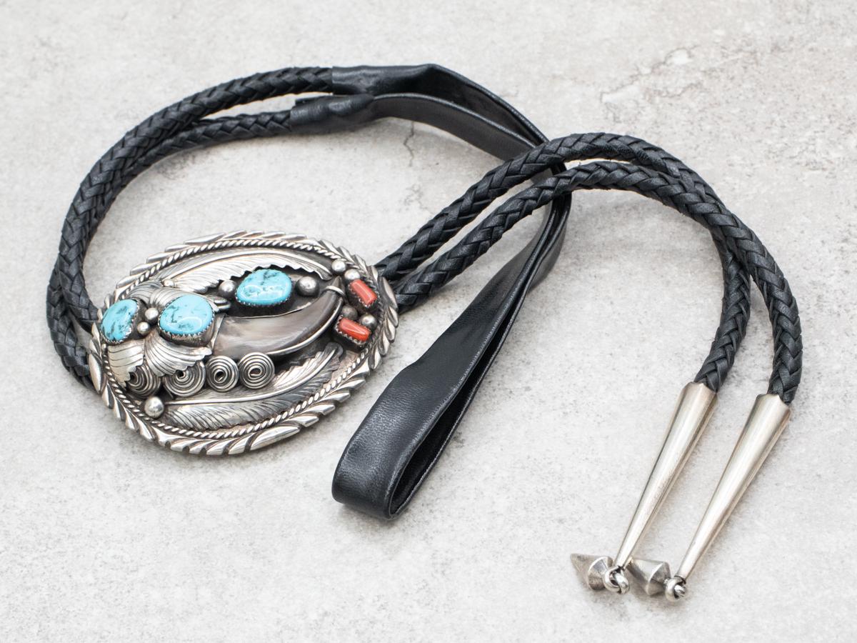 Sterling Silver Faux Bear Claw Bolo Tie, Turquoise and Coral