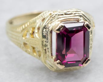 Jugendstil Rhodolith Granat Ring, 14K Grüngold Filigree