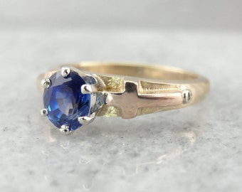 Christian Engagement Ring, Blue Sapphire Center with Cross Motif Shoulders DRQRLD-R