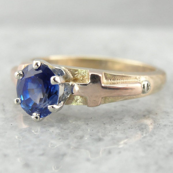 Christian Engagement Ring, Blue Sapphire Center with Cross Motif Shoulders DRQRLD-R