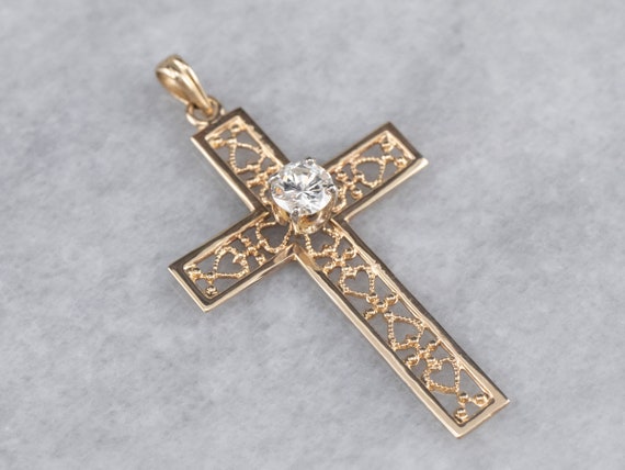 Diamond Filigree Cross, Yellow Gold Diamond Cross… - image 3