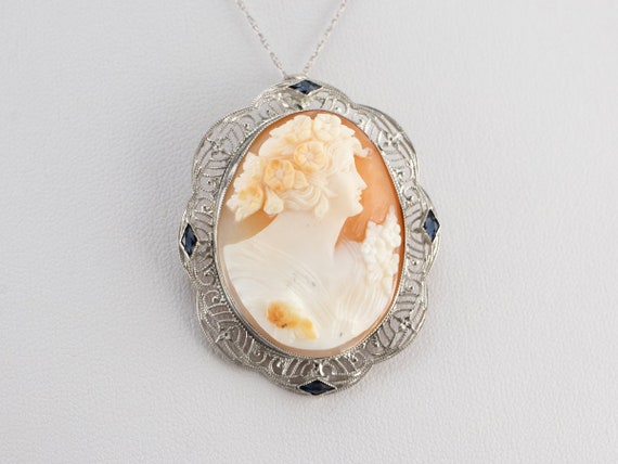 Art Deco Cameo Pin or Pendant, Antique White Gold… - image 8