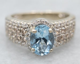 Aquamarine and Diamond Ring, Gold Aquamarine Ring, Aquamarine Halo Ring, Anniversary Ring, March Birthstone, Birthday Gift A18451
