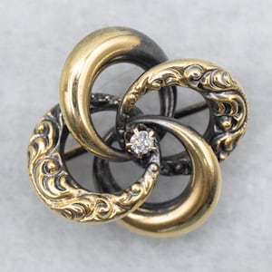 Victorian Lover&#39;s Knot Pin with Mine Cut Diamond Center, Antique Gold and Diamond Brooch, Victorian Estate Jewelry, Anniversary Gift A65689