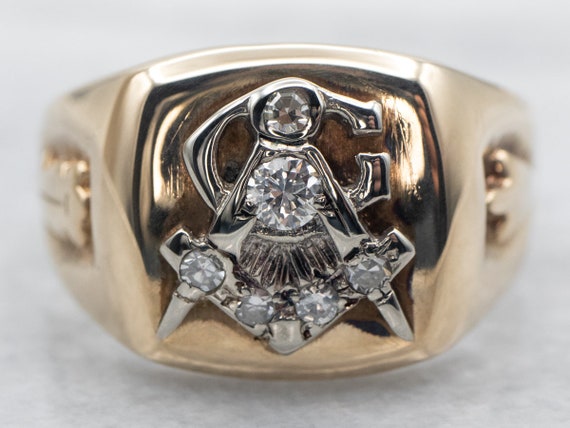 Men's Masonic Vintage Diamond Ring, Two Tone Maso… - image 1