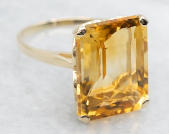 14K Yellow Gold Emerald Cut Citrine Solitaire Cocktail Ring