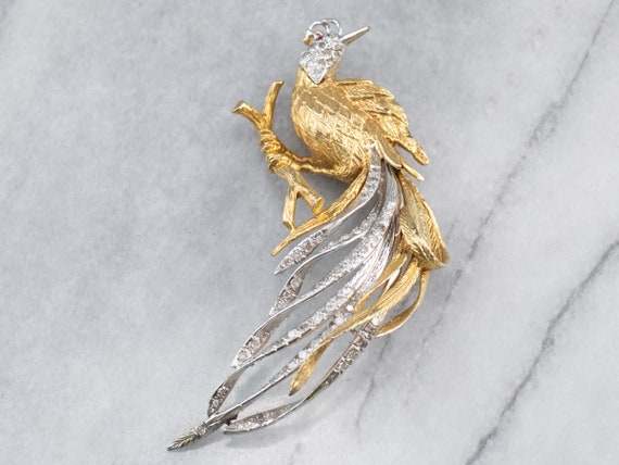 Diamond Gold Platinum Bird Brooch, Tropical Bird … - image 2
