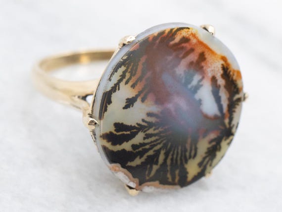 Vintage 14K Yellow Gold Dendritic Agate Ring, Siz… - image 1