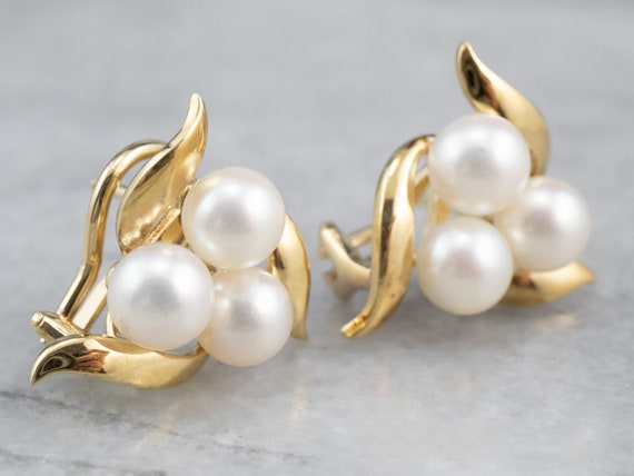 Cultured Pearl Cluster Earrings, Yellow Gold Pear… - image 3