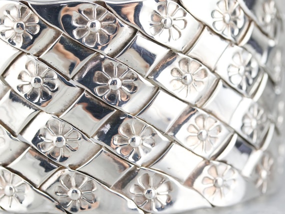 Wide Sterling Silver Cuff Bracelet, Floral Cuff B… - image 2