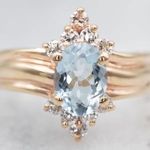 Vintage Aquamarine Diamond Ring, Aquamarine Dinner Ring, Yellow Gold, March Birthstone, Aquamarine Jewelry, Aquamarine Birthstone A26956