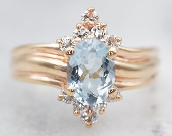 Vintage Aquamarine Diamond Ring, Aquamarine Dinner Ring, Yellow Gold, March Birthstone, Aquamarine Jewelry, Aquamarine Birthstone A26956