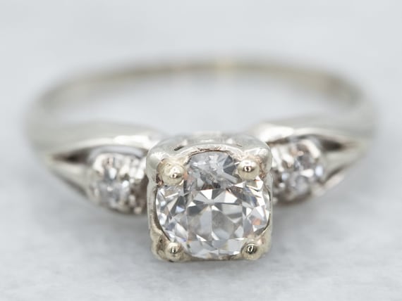 Retro European Cut Diamond Ring, White Gold Diamo… - image 1