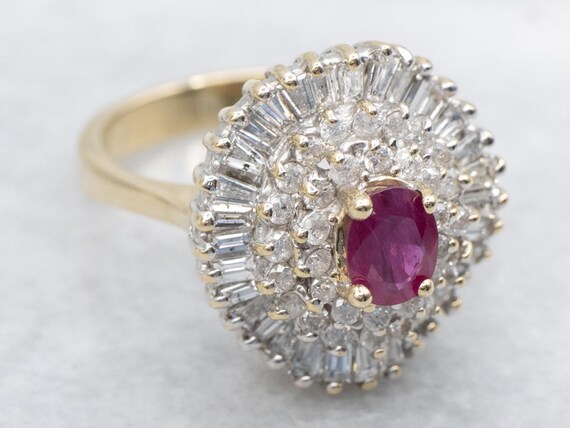 14K Gold Ruby Diamond Halo Ring, Cocktail Jewelry - image 2