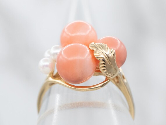 Mid Century Coral and Pearl Cocktail Ring, Yellow… - image 4