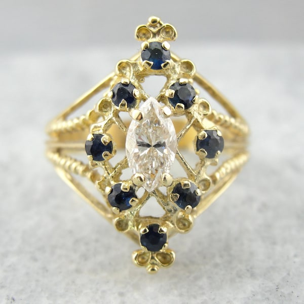 Vintage 14k Gold, Marquise Diamond and Sapphire Cocktail Ring 64X5N9-D