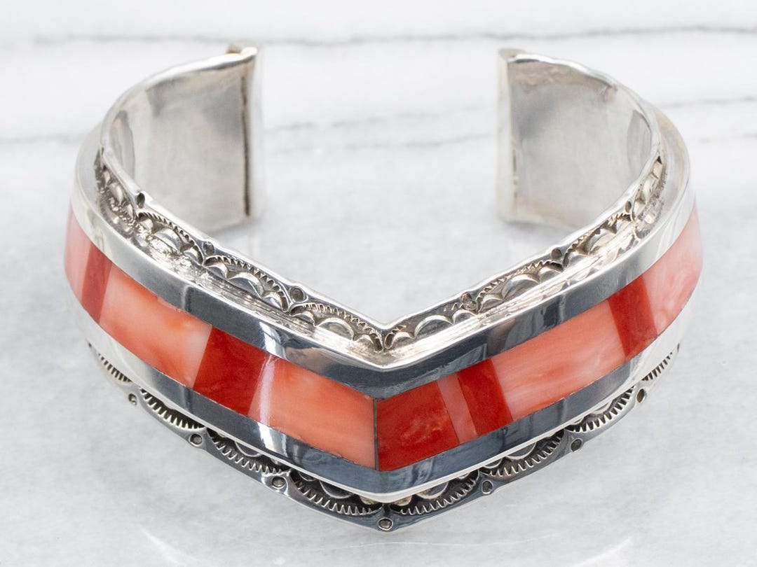 Zuni Sterling Silver Coral Spiny Oyster Cuff Bracelet, Handmade by