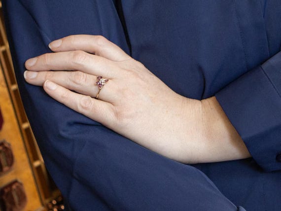 Vintage Floral 10K Gold Ruby and Diamond Ring, Si… - image 4