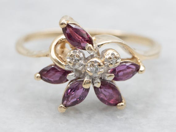 Vintage Floral 10K Gold Ruby and Diamond Ring, Si… - image 1