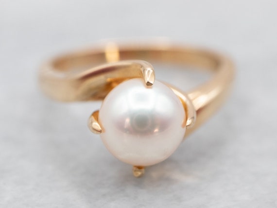 Vintage Pearl Bypass Ring, Yellow Gold Pearl Ring… - image 1