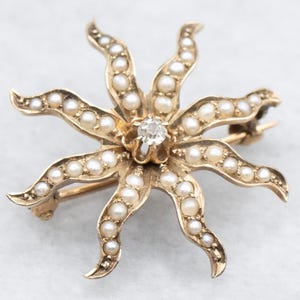 Antique Old Mine Cut Diamond and Seed Pearl Brooch, Victorian Starburst Brooch, Estate Jewelry, Anniversary Gift, Antique Diamond Pin A59401