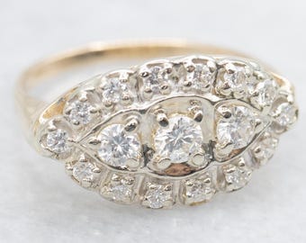 14K Gold Diamond Cluster Ring, Two Tone Statement Ring, Size 6.25