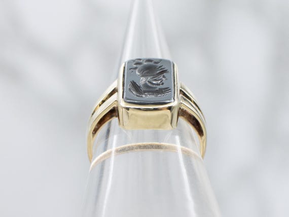 Hematite Intaglio Yellow Gold Split Shoulder Ring - image 3