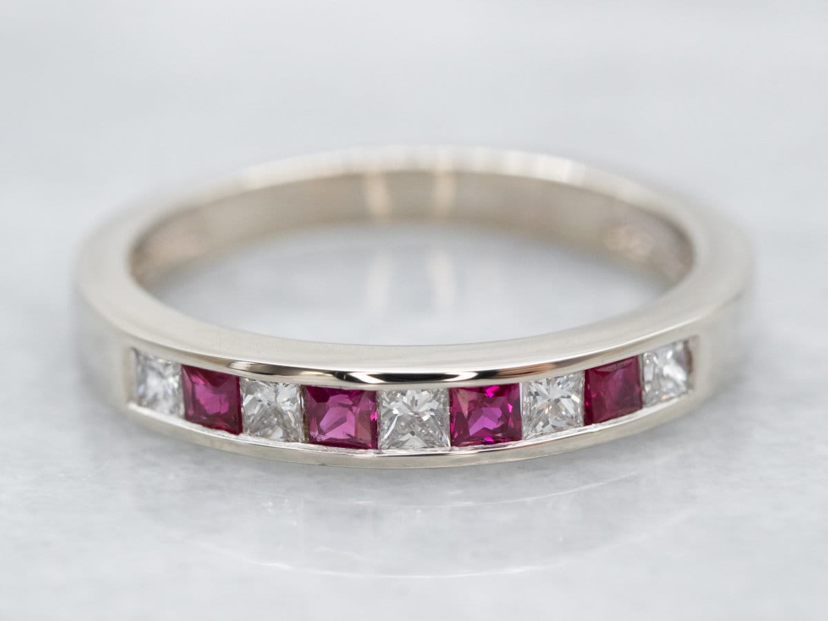 14K White Gold Ruby and Diamond Wedding Band, Stacking Ring - Etsy
