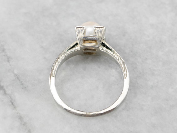 Art Deco Pearl Solitaire Ring, Pearl White Gold R… - image 5