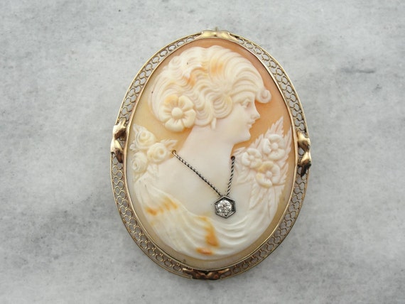 Antique Diamond and Shell Cameo Brooch with Art N… - image 1