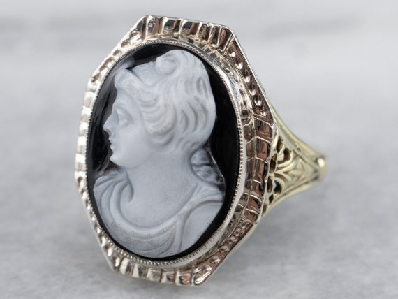 Art Deco Black Onyx Cameo Ring, Antique Cameo Rin… - image 3