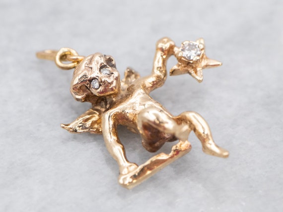 Vintage Gold Diamond Angel Charm, Cherub Pendant,… - image 1