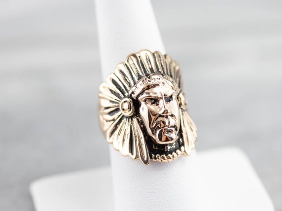 14K Yellow Gold Native American Chief Ring, Size 8 - image 7