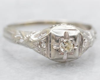 Art Deco Old Mine Cut Diamond Engagement Ring, 18K White Gold