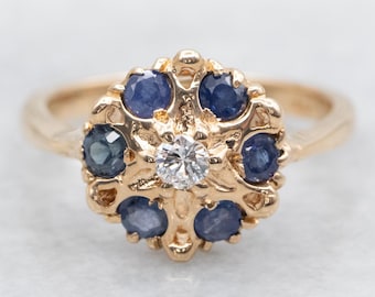 14K Yellow Gold Diamond and Sapphire Halo Ring