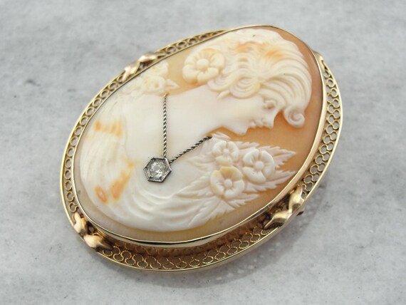 Antique Diamond and Shell Cameo Brooch with Art N… - image 3