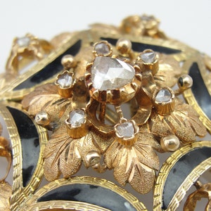 Antique Rose Cut Diamond Brooch, Victorian Era Festoon Pin, Enamel Gold Brooch, Y4E0T3