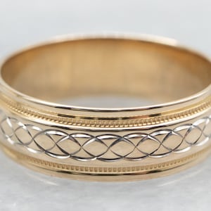 Two Tone Looping Pattern Band, Two Tone Wedding Band, Wedding Band, White and Yellow Gold Band, Unisex Band, Patterned Band, Band A36873