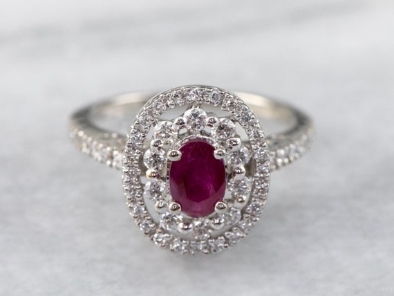 Ruby and Diamond Double Halo Ring, 14K White Gold - image 1